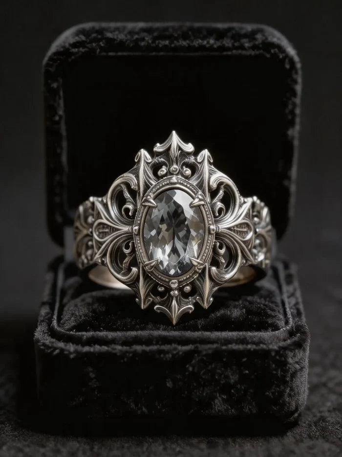 Cathedral Crest Ring side profile — medieval gothic band with deep oxidized patina and chiaroscuro tracery