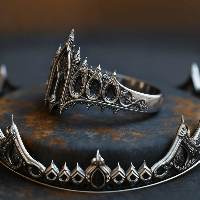 Gothic sterling silver crown ring — top view showing pointed arch band and antiqued patina
