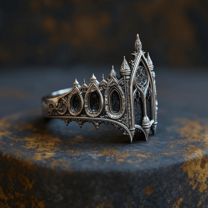 Gothic crown ring on stone surface — medieval cathedral sculptural band in 925 silver
