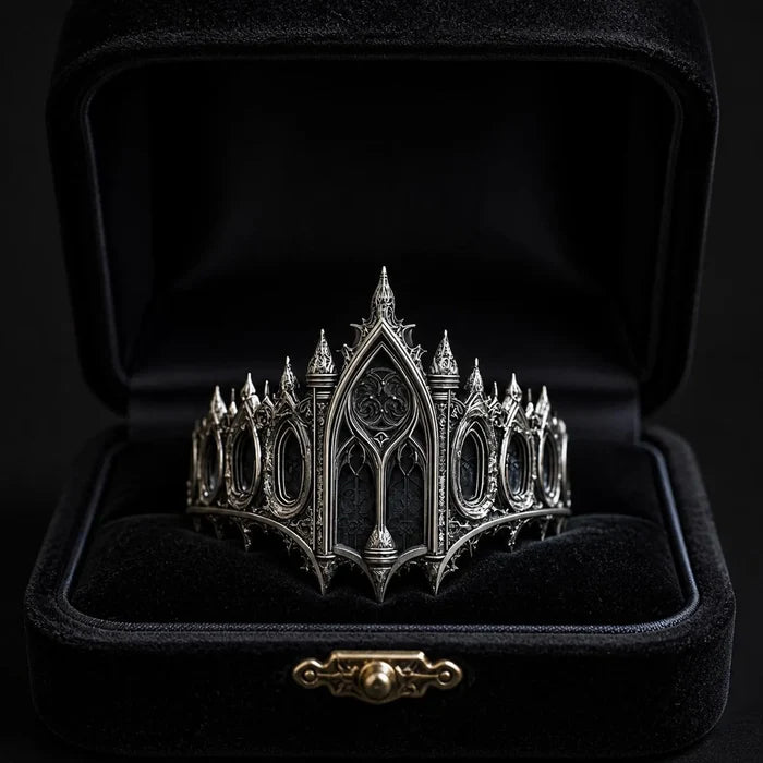 Gothic cathedral crown ring in black velvet jewelry box — sterling silver spires and arch detail