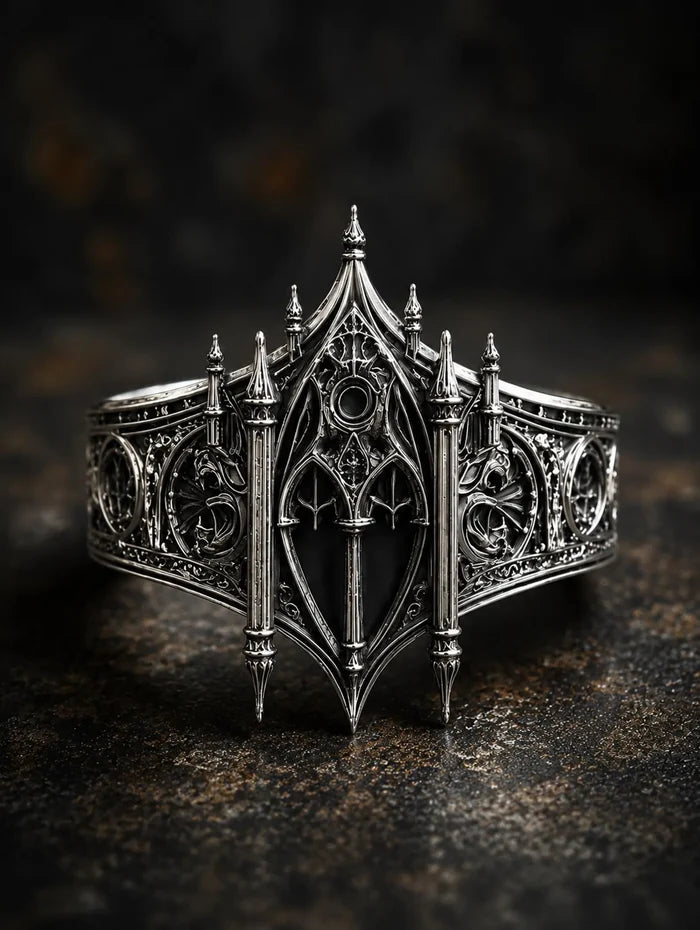 Gothic 925 sterling silver cathedral facade ring — tiara-like spire crown silhouette front view