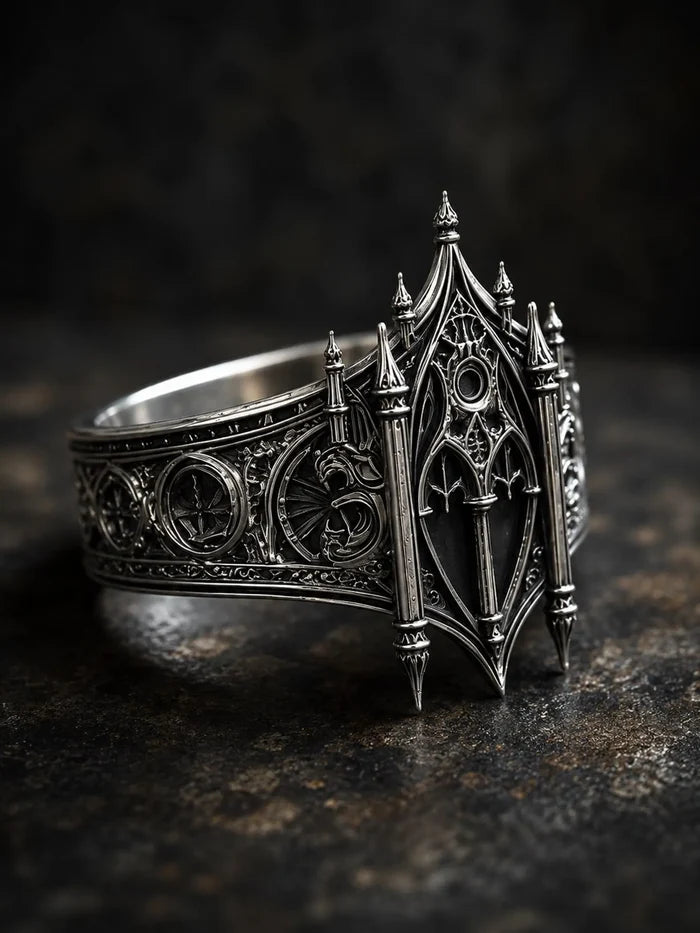 Cathedral facade ring — sky-piercing layered lancet spires and arched tracery in sterling silver