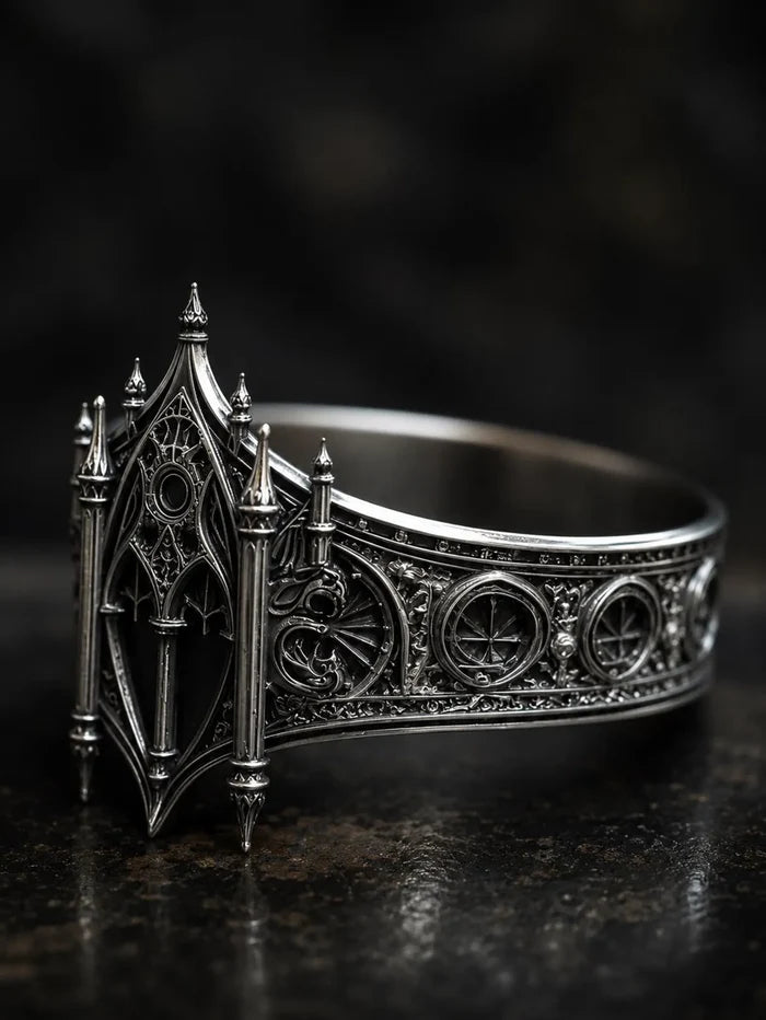 Gothic facade ring side profile — Dark Academia statement ring with smooth tapered band, custom engraving available