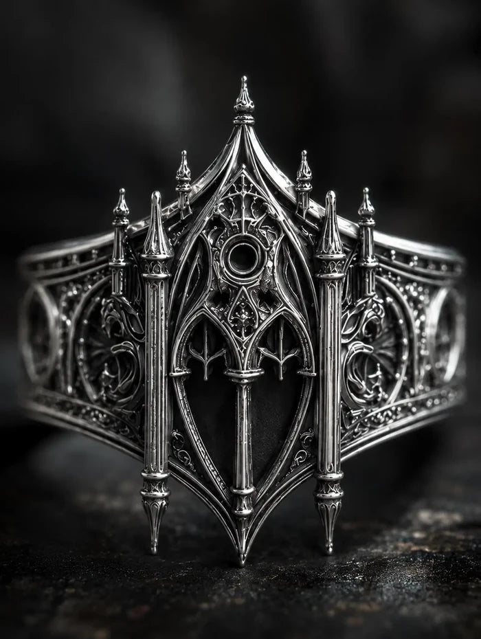 Gothic facade ring close-up — blind arcades and chiaroscuro hand-oxidized patina in 925 silver