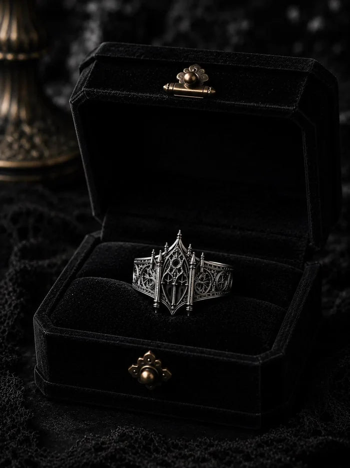 Cathedral facade ring top view — symmetrical medieval cathedral exterior crown in solid 925 sterling silver