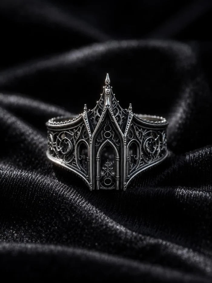Gothic 925 sterling silver cathedral lancet arch ring — soaring pointed arch band front view