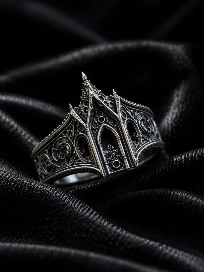 Cathedral lancet arch ring — central high-pointed lancet arch and microscopic pinnacles in sterling silver