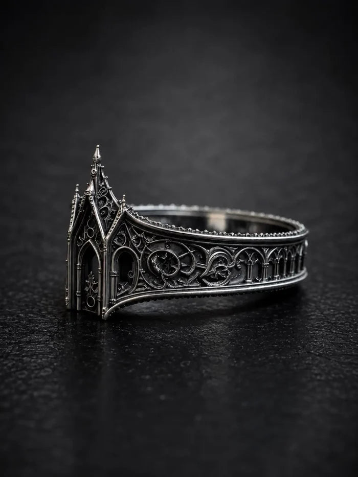 Gothic lancet arch ring side profile — Dark Academia statement piece with custom engraving, sizes 4–13