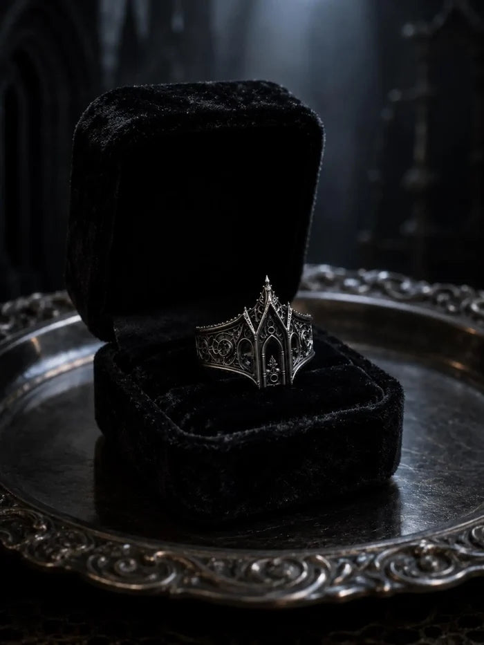 Gothic cathedral ring top view — lancet arch window tracery in 925 sterling silver