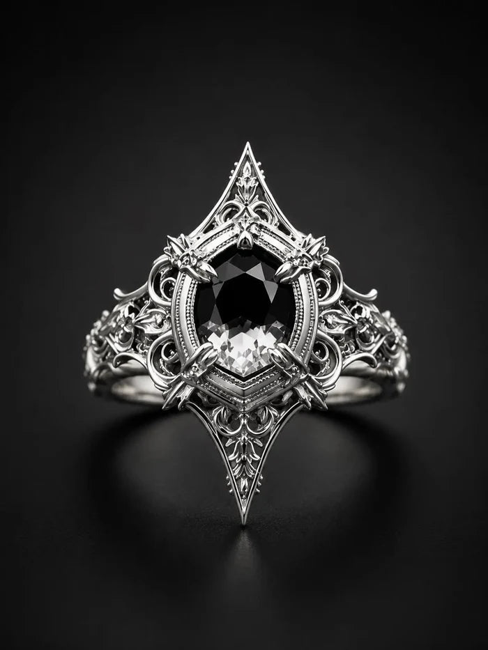 Gothic 925 sterling silver cathedral marquise spire ring with white topaz — pointed V-silhouette front view