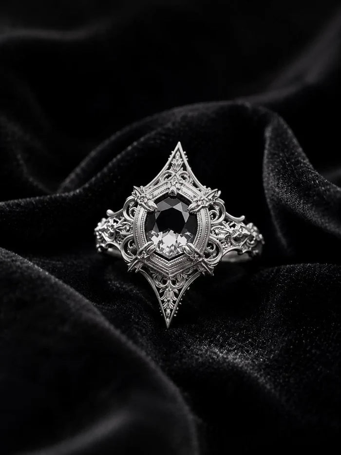 Gothic marquise ring close-up — white topaz alternative wedding ring with intricate scrollwork in 925 silver