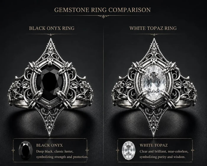 Gothic marquise ring close-up — white topaz or  black onyx alternative wedding ring with intricate scrollwork in 925 silver