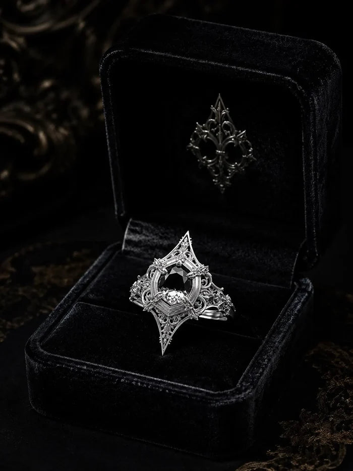 Gothic cathedral marquise spire ring with black onyx or white topaz — dark alternative wedding ring in 925 sterling silver