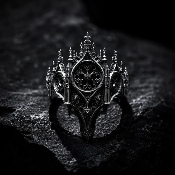 Gothic 925 sterling silver cathedral rose window crown ring — multi-layered radial tracery front view