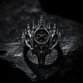 Gothic 925 sterling silver cathedral rose window crown ring — multi-layered radial tracery front view