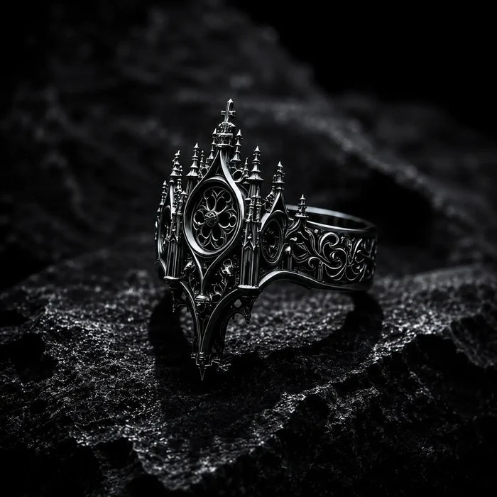Cathedral rose window crown ring side profile — micro-pinnacles and tapered comfort-fit band, custom engraving available