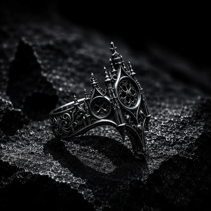 Cathedral rose window crown ring side view — circular radial symmetry of Gothic wheel window in 925 sterling silver
