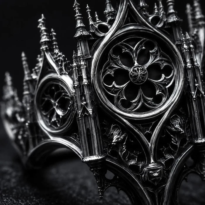 Gothic rose window ring close-up — chiaroscuro hand-oxidized patina within blind arcades and rose window petals