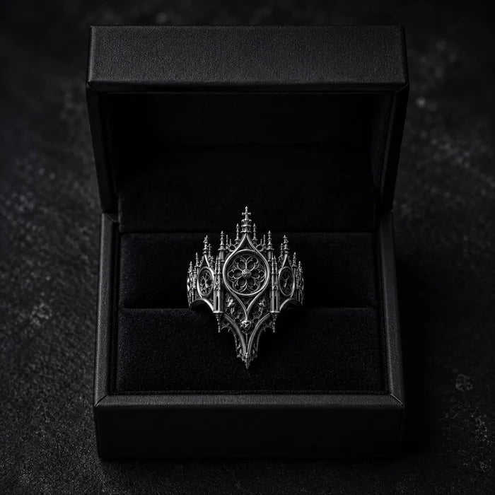 Gothic rose window ring — Dark Academia alternative engagement ring in handcrafted 925 sterling silver, shadow crown profile