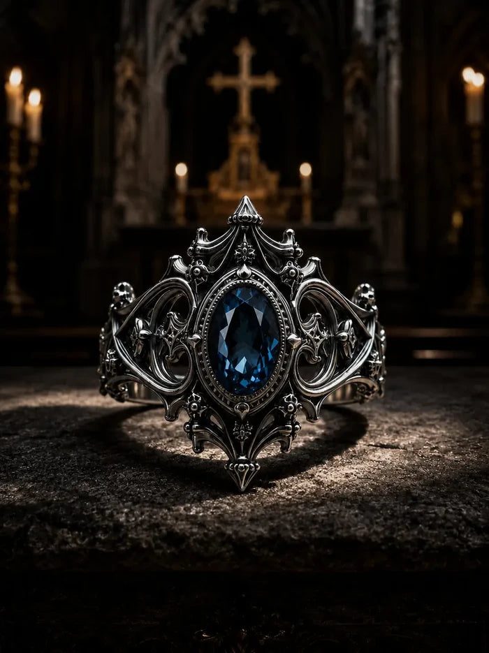 Gothic 925 sterling silver cathedral sanctuary ring with London blue topaz — flying buttresses and spire band front view