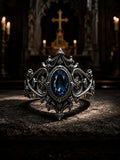 Gothic 925 sterling silver cathedral sanctuary ring with London blue topaz — flying buttresses and spire band front view