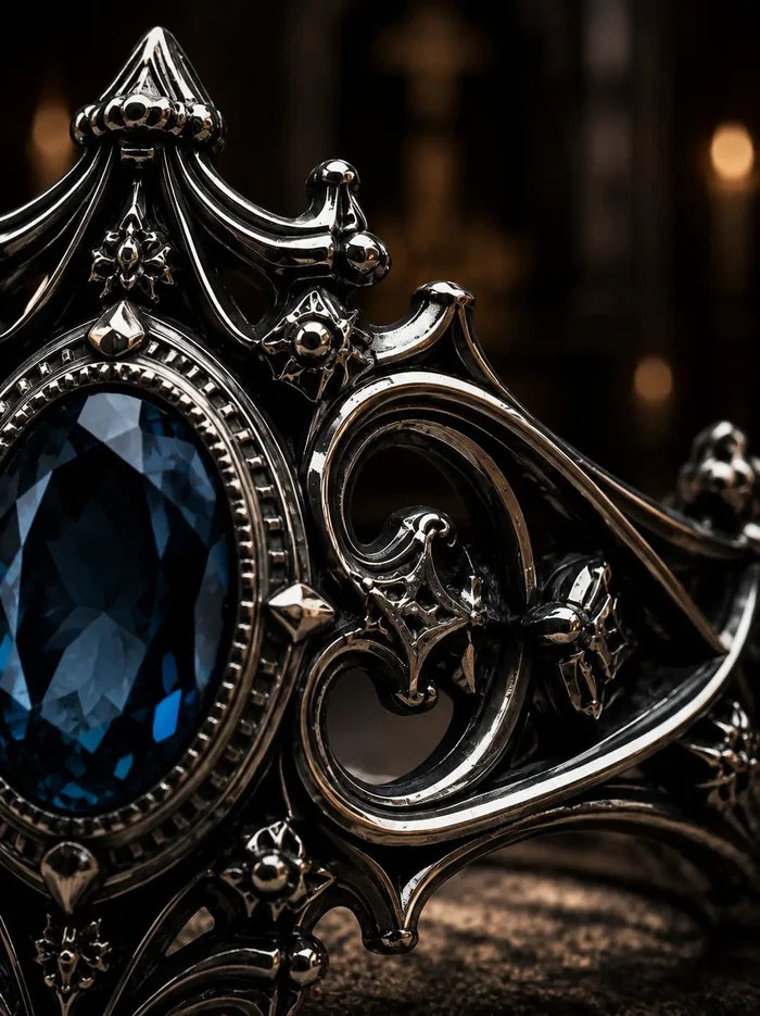 Gothic cathedral ring close-up — microscopic flying buttresses and openwork tracery in oxidized 925 silver