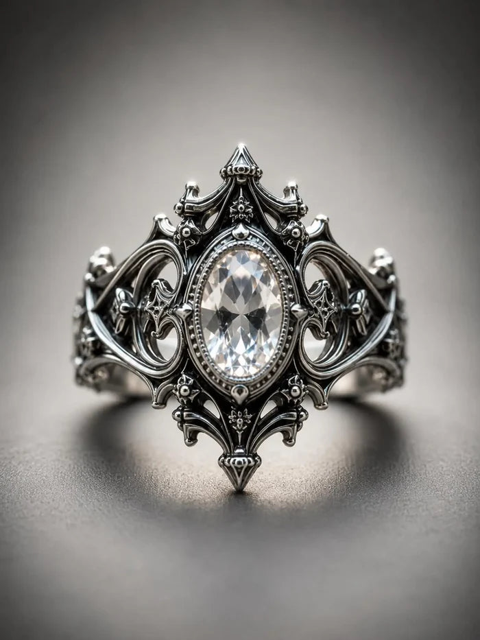 Gothic cathedral sanctuary ring with white topaz — moonlit alternative engagement ring in 925 sterling silver