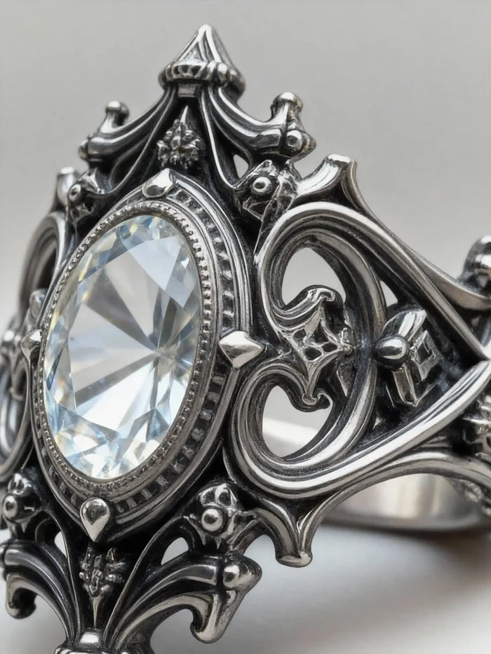Gothic sanctuary ring side profile — white topaz, architectural spire band with chiaroscuro oxidized finish