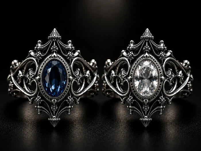 Cathedral sanctuary ring — oval-cut London blue topaz or white topaz centred in gothic openwork tracery, sterling silver