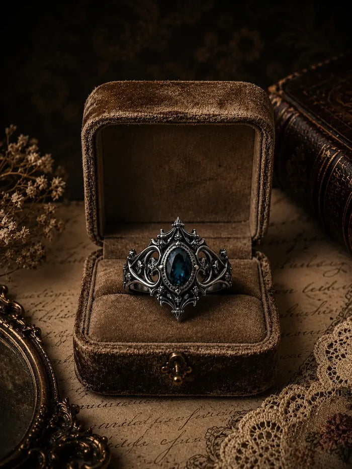 Cathedral sanctuary ring with London blue topaz — Dark Academia gothic talisman ring, handcrafted sterling silver