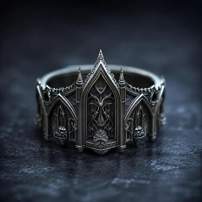 Cathedral spire tiara ring — symmetrical pointed arches and layered window tracery in sterling silver