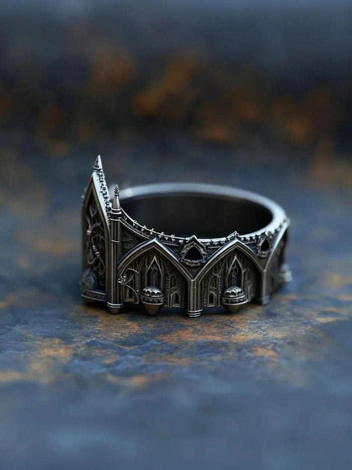 Gothic tiara ring side profile — ergonomic wide inner band, custom engraving available, made to order