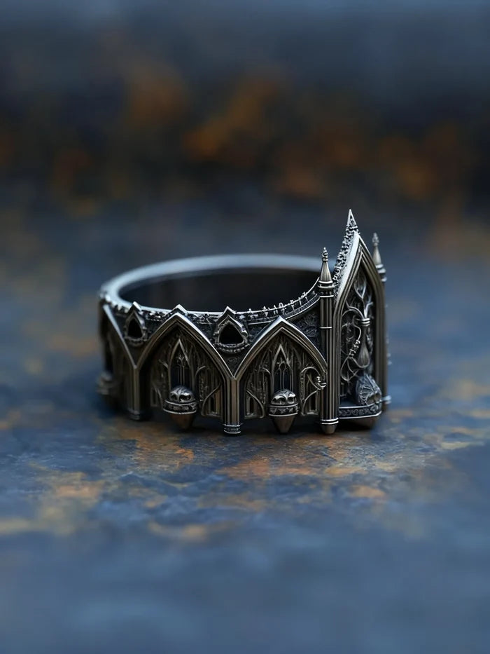 Gothic tiara ring side profile — ergonomic wide inner band, custom engraving available, made to order