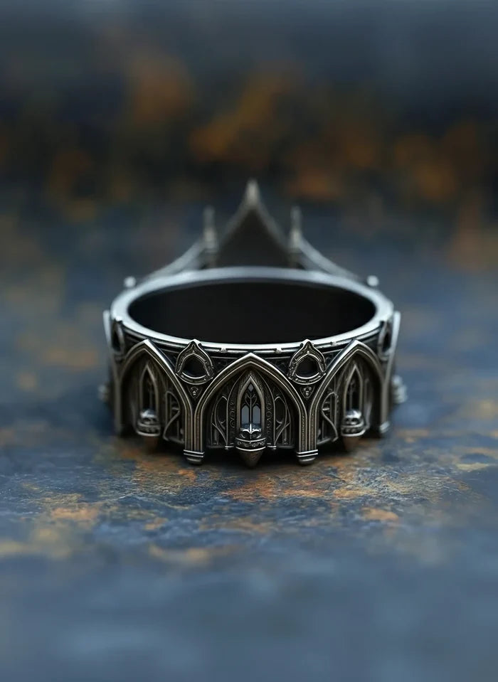 Gothic tiara ring back view — memento mori tracery details and chiaroscuro oxidized recesses in 925 silver