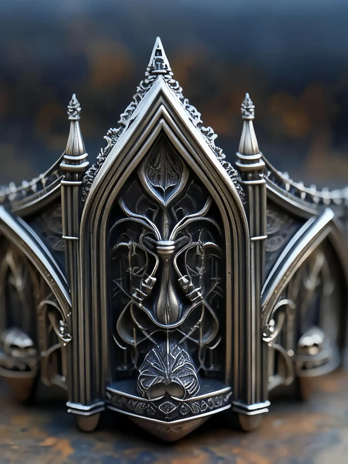 Gothic tiara ring close-up — memento mori tracery details and chiaroscuro oxidized recesses in 925 silver
