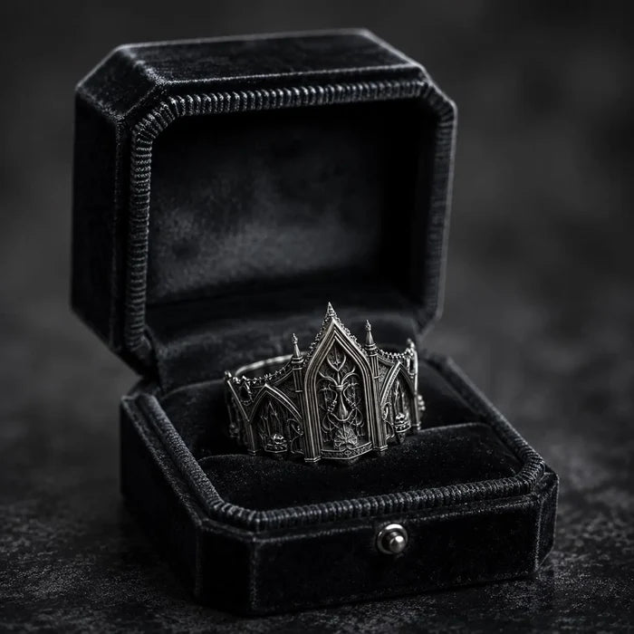 Gothic cathedral spire tiara ring — artisan hand-burnished silver ridges with museum-style chiaroscuro patina
