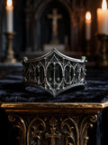 Cathedral Tracery Ring in oxidized 925 sterling silver, carved Gothic lancet-window band, on a dark altar