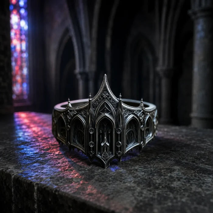 Cathedral Crown Ring — oxidized sterling silver Gothic cathedral facade ring, front view