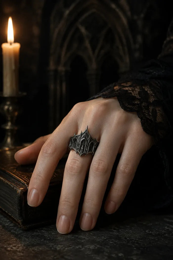 Cathedral Crown Ring worn on hand beside a candle, Gothic statement jewelry