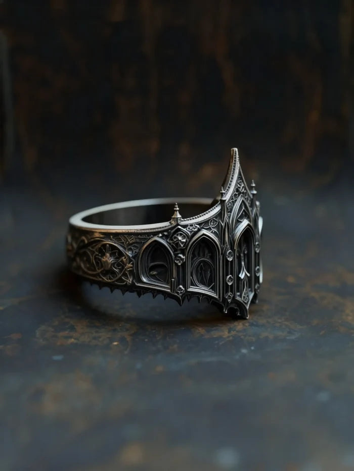 Cathedral Crown Ring, oxidized sterling silver, side profile