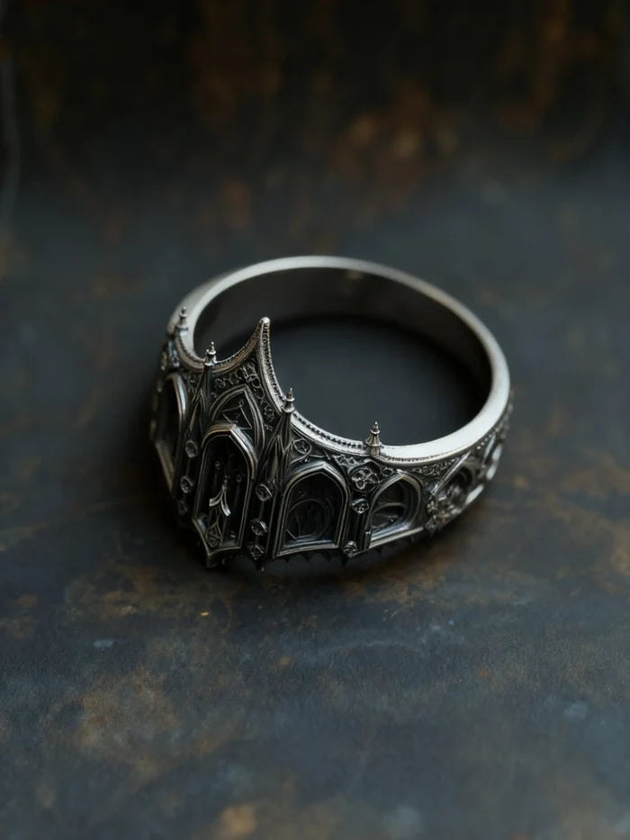 Cathedral Crown Ring close-up, rose-window tracery and flying buttresses