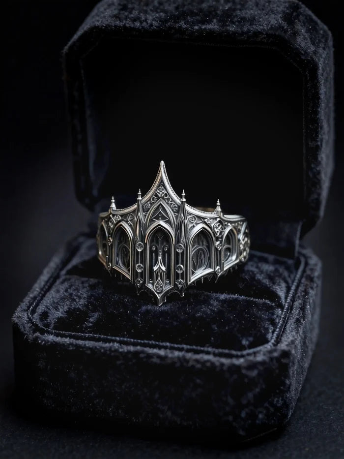 Cathedral Crown Ring worn on hand, wide Gothic coronet band
