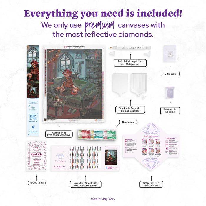 Diamond Painting Cats, Candles and Tea 25.6" x 32.7" (65cm x 82.9cm) / Square with 86 Colors including 3 ABs and 1 Frosted Diamond and 3 Fairy Dust Diamonds / 86,913