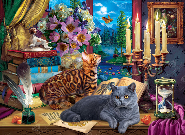 Diamond Painting Cats Near the Window at Night 37.4" x 27.6″ (95cm x 70cm) / Square with 63 Colors including 3 ABs / 104,428