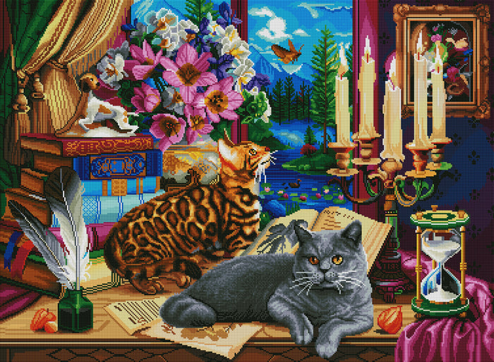 Diamond Painting Cats Near the Window at Night 37.4" x 27.6″ (95cm x 70cm) / Square with 63 Colors including 3 ABs / 104,428