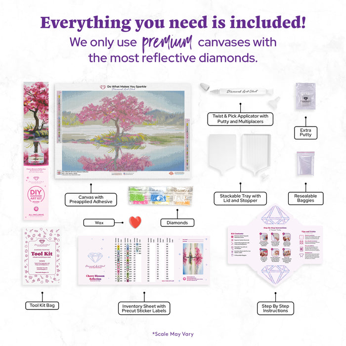 Diamond Painting Cherry Blossom Reflection 16.5" x 25.2″ (42cm x 64cm) / Round With 39 Colors Including 3 ABs / 33,448