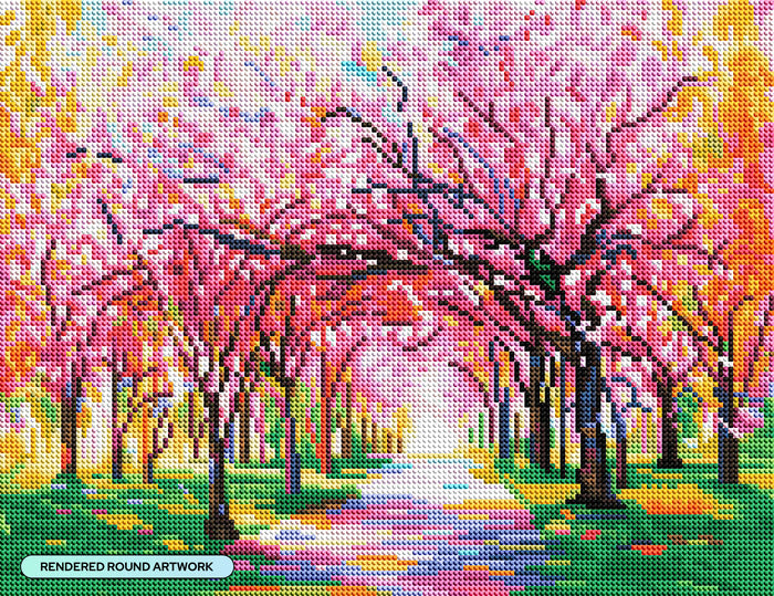 Diamond Painting Cherry Blossom Trees 17" x 13" (42.6cm x 32.8cm) / Round with 46 Colors including 4 ABs and 1 Fairy Dust Diamonds / 17,784