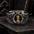 Chess Queen Ring — gold queen chess piece and crown set in an oxidized 925 sterling silver signet with acanthus scrollwork, front view