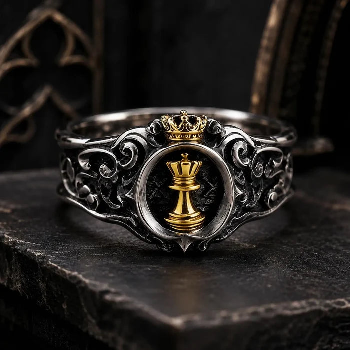 Chess Queen Ring — gold queen chess piece and crown set in an oxidized 925 sterling silver signet with acanthus scrollwork, front view