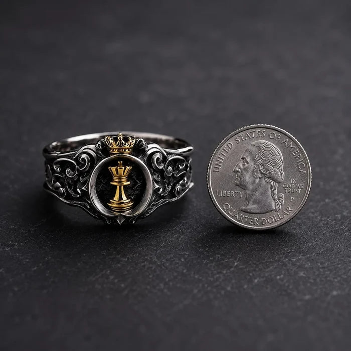 Chess Queen Ring in oxidized sterling silver with an 18K gold-plated queen, detail view